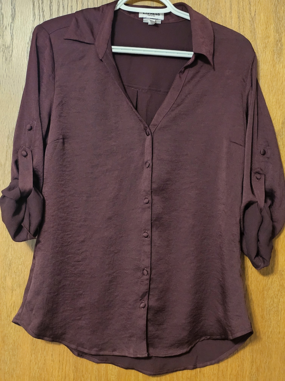 Express Women's Plum Button-Front Roll-Sleeve Blouse